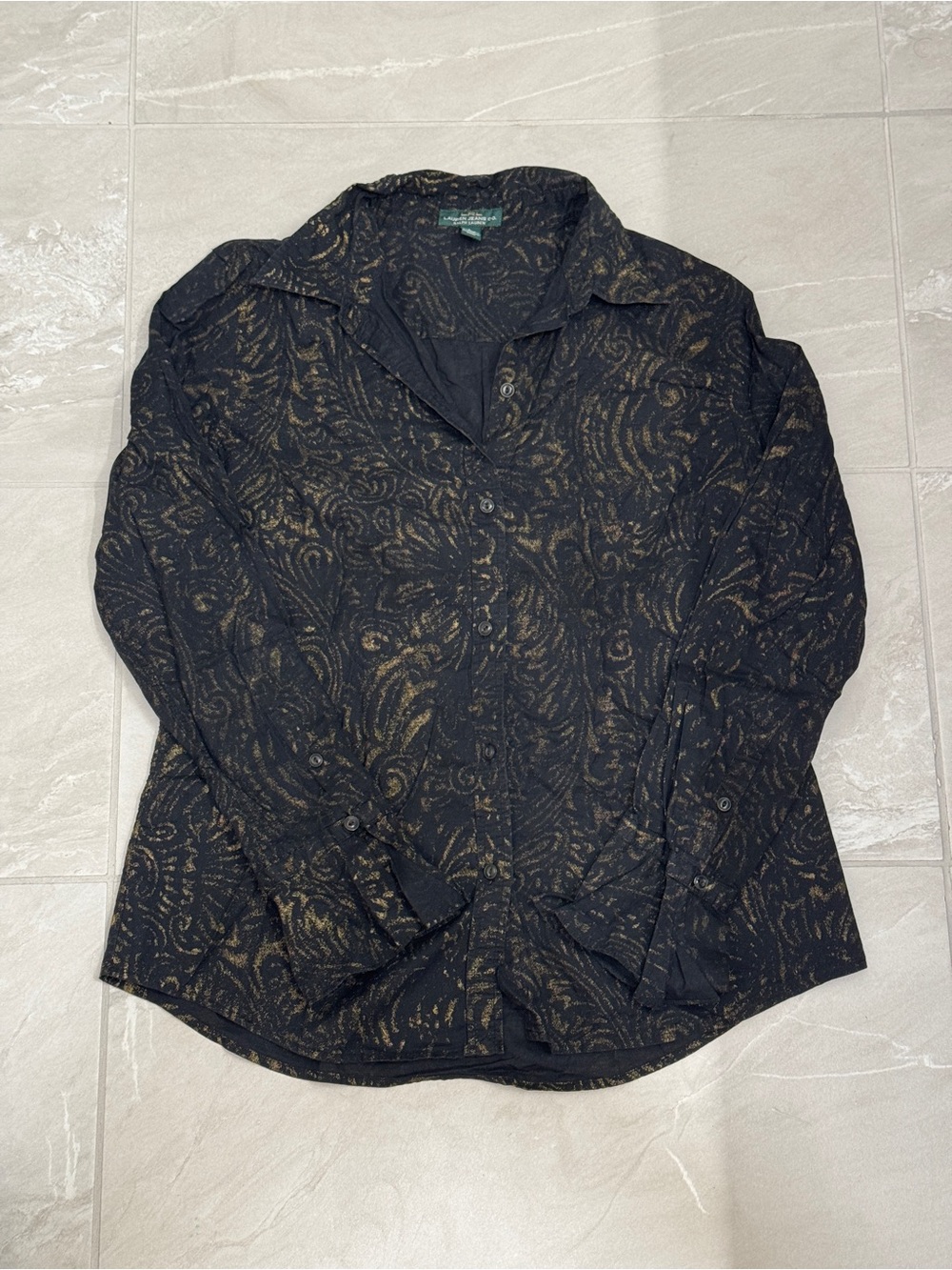 Ralph Lauren Black Button-Down Shirt with Gold Swirl Print Western Cowgirl